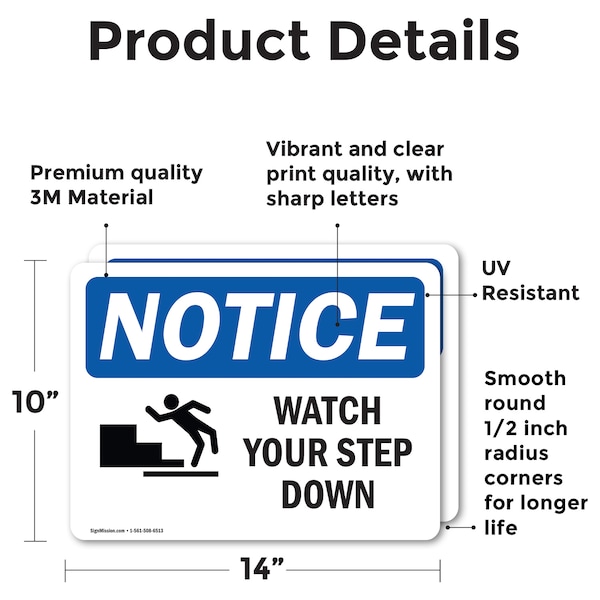 Watch Your Step Down Sign, Vinyl Decal, 14in W X 10in L, 2PK